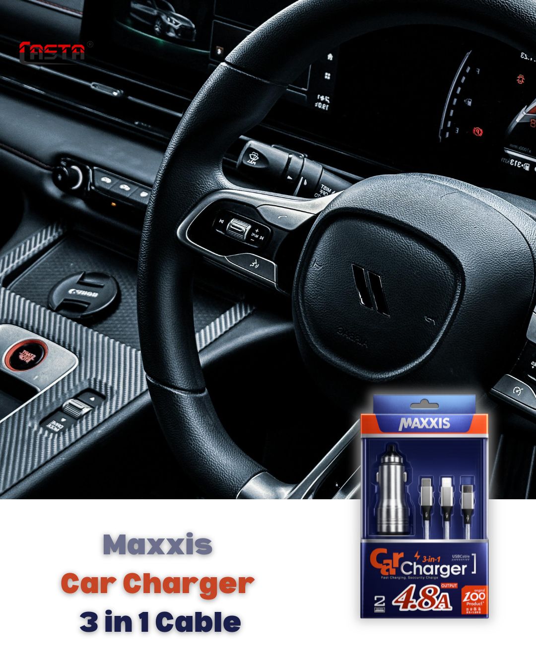 Maxxis Car Dual USB mobile Charger With 3 in 1 Cable - 4.8A - 12v/24v - Image 5